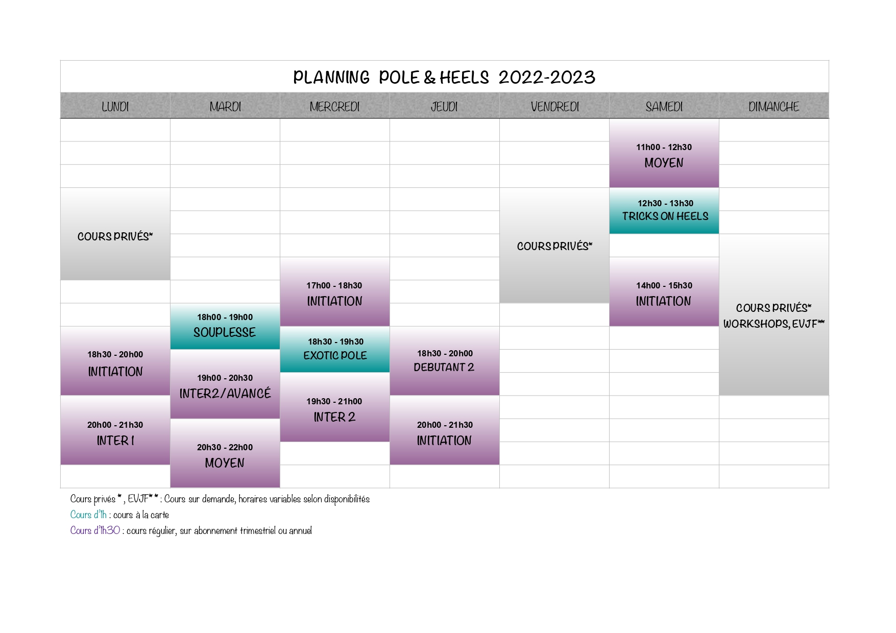 PLANNING COURS POLE DANCE 2022-2023 